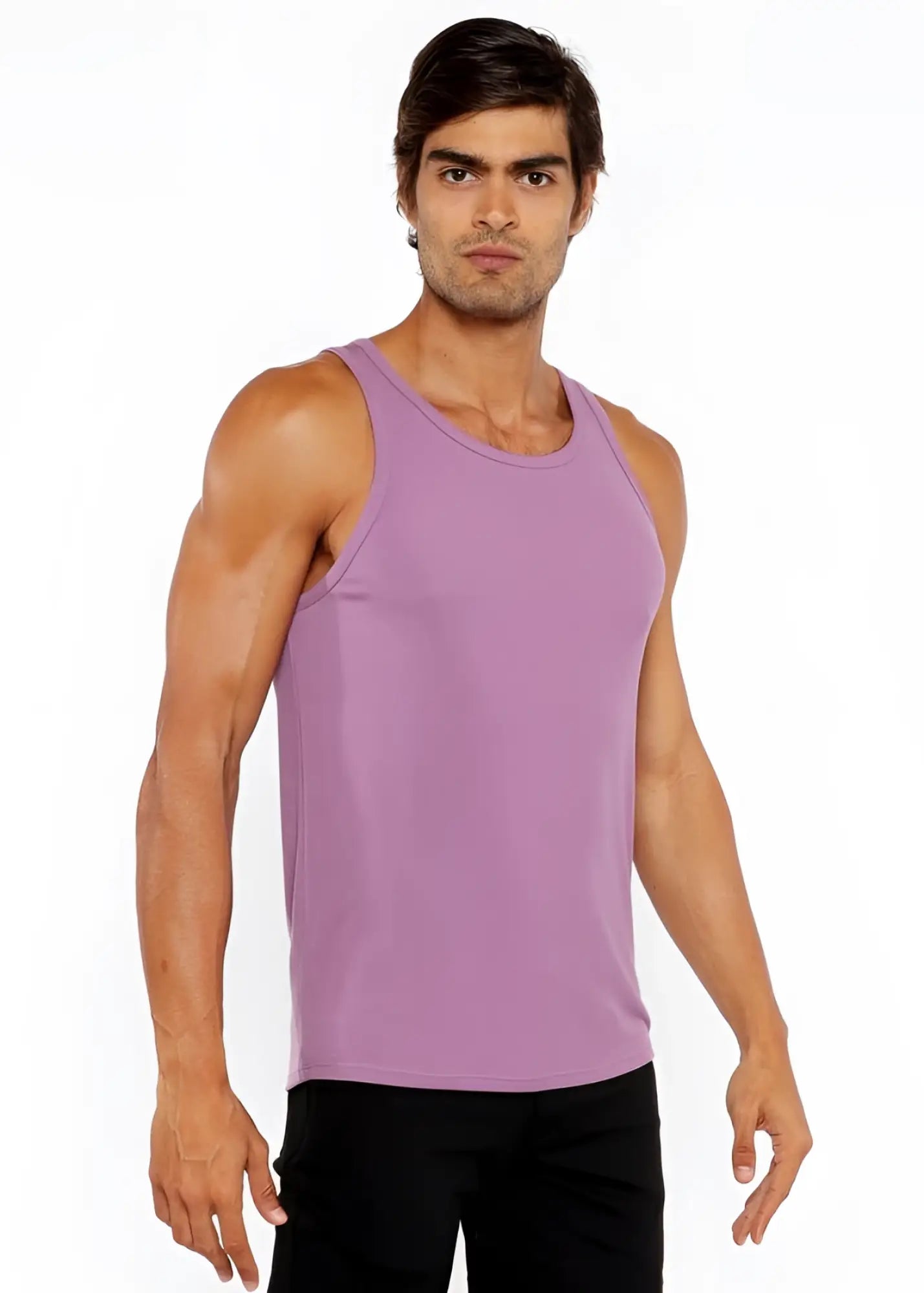 A sleek lavender rib modal tank top with a round neckline made from smooth fabric for comfortable wear