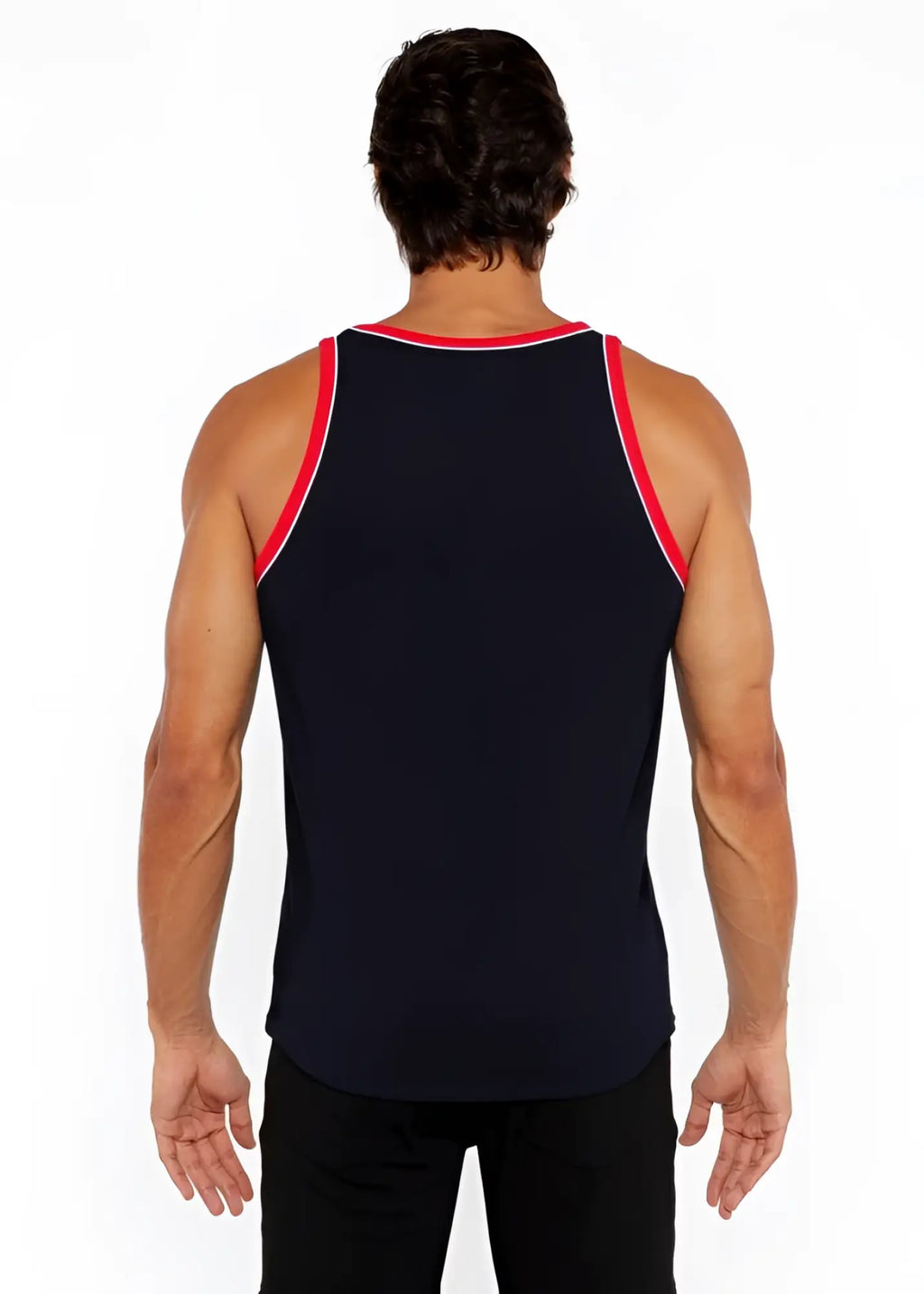 Black rib stretch ringer tank top with red and white piping detail along neckline and armholes