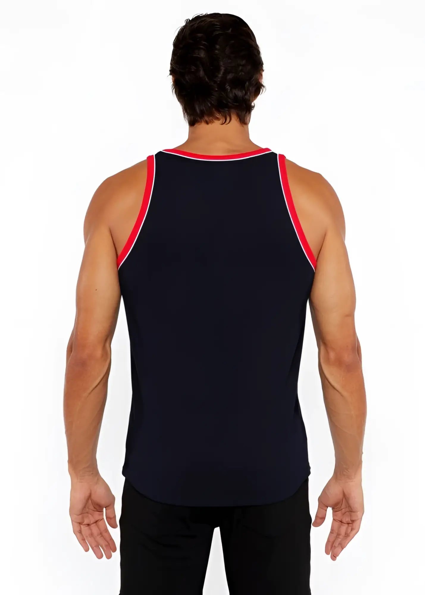Black rib stretch ringer tank top with red and white piping detail along neckline and armholes