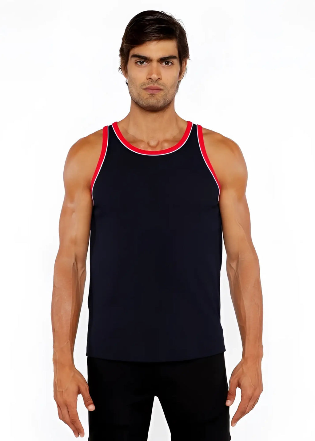 Black rib stretch ringer tank with red and white piping detail perfect for casual summer wear