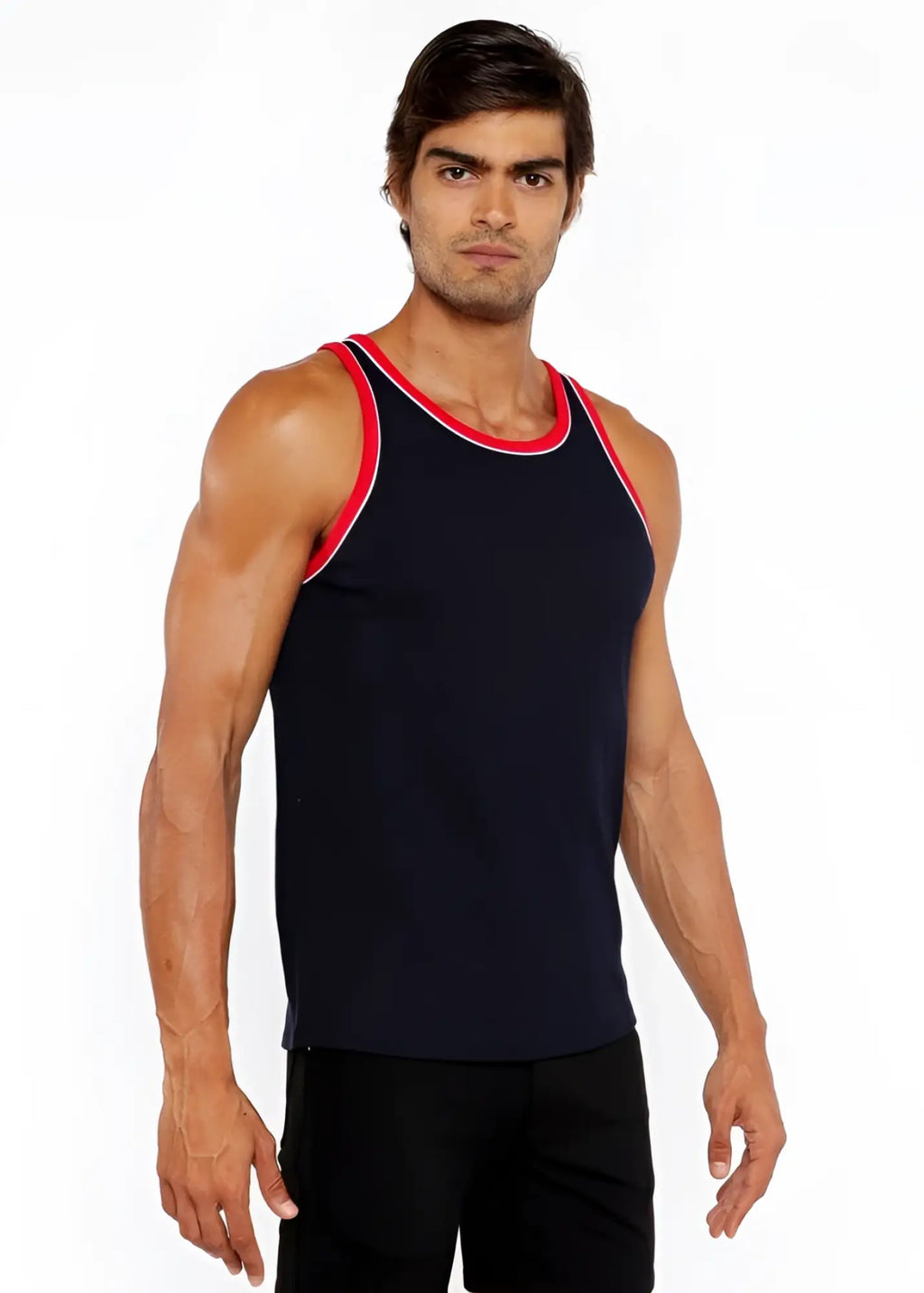 Navy blue rib stretch ringer tank with red piping detail around neckline and armholes in a sleeveless design