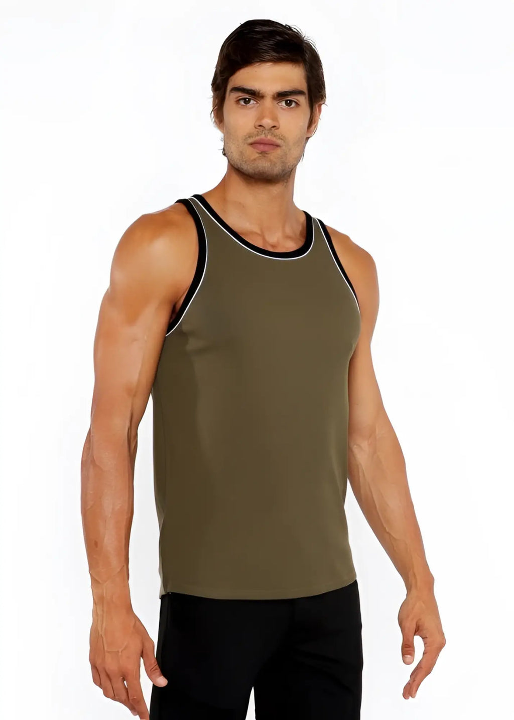Olive green rib stretch ringer tank top with black and white piping detail and athletic fit for active wear