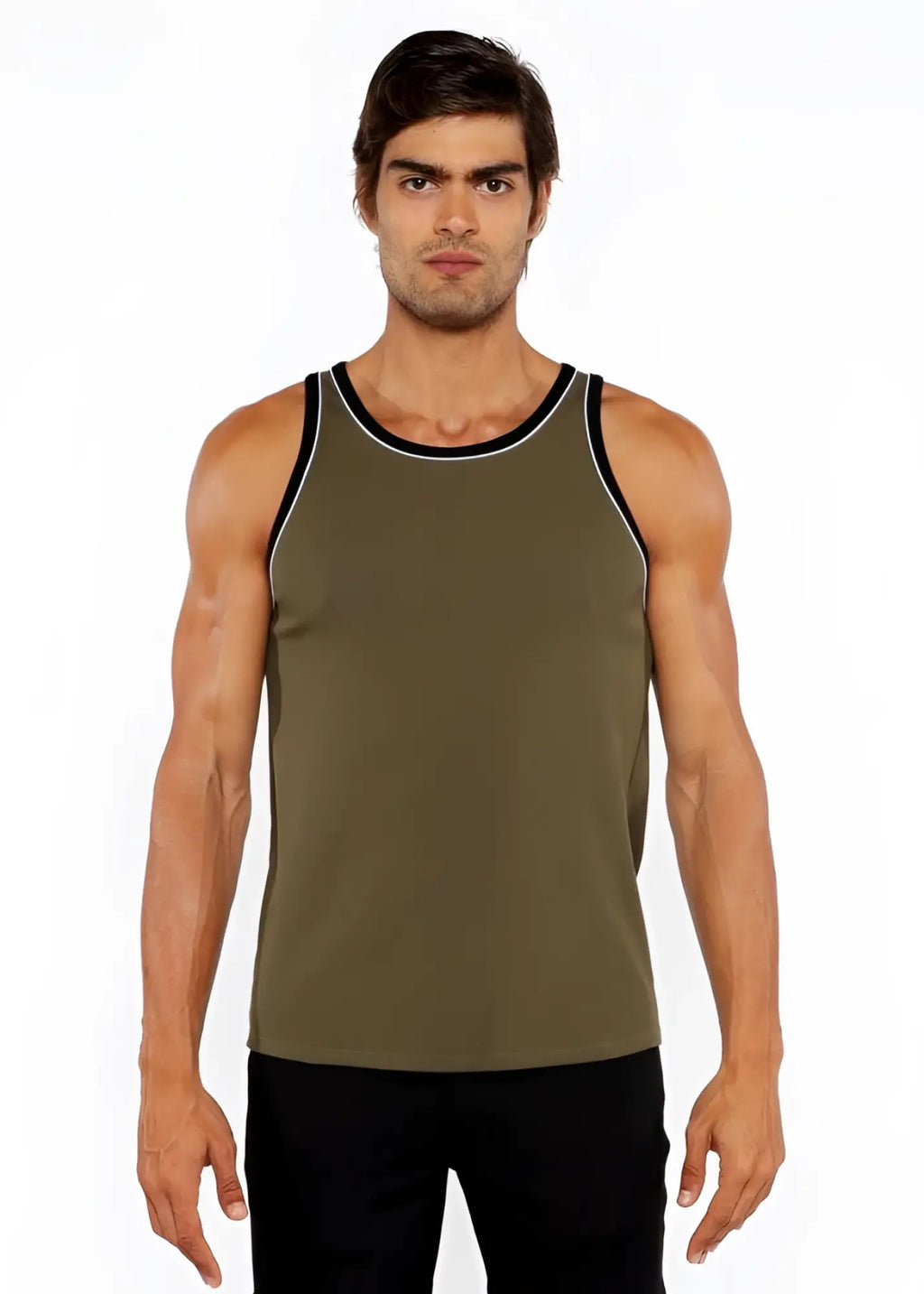 Olive green rib stretch ringer tank top with black and white piping detail on trim for casual wear