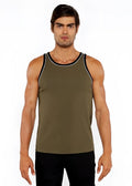 Olive green rib stretch ringer tank top with black and white piping detail on trim for casual wear