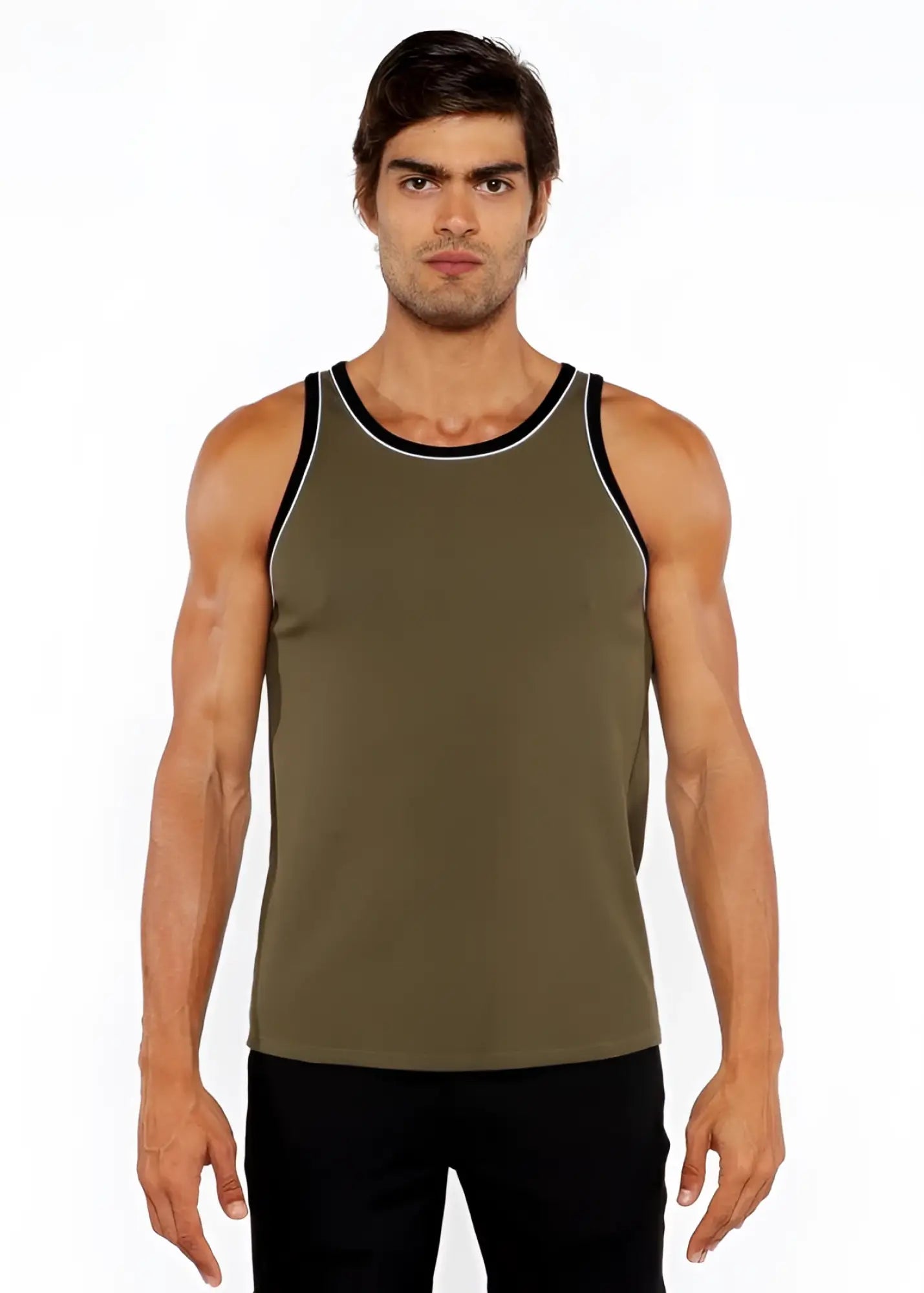 Olive green rib stretch ringer tank top with black and white piping detail on trim for casual wear