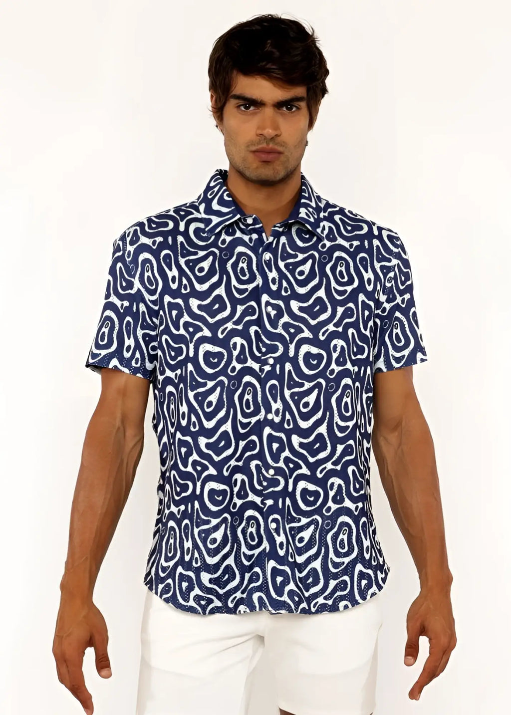 A navy blue short-sleeved squiggly print open knit shirt with a white abstract pattern suitable for casual wear