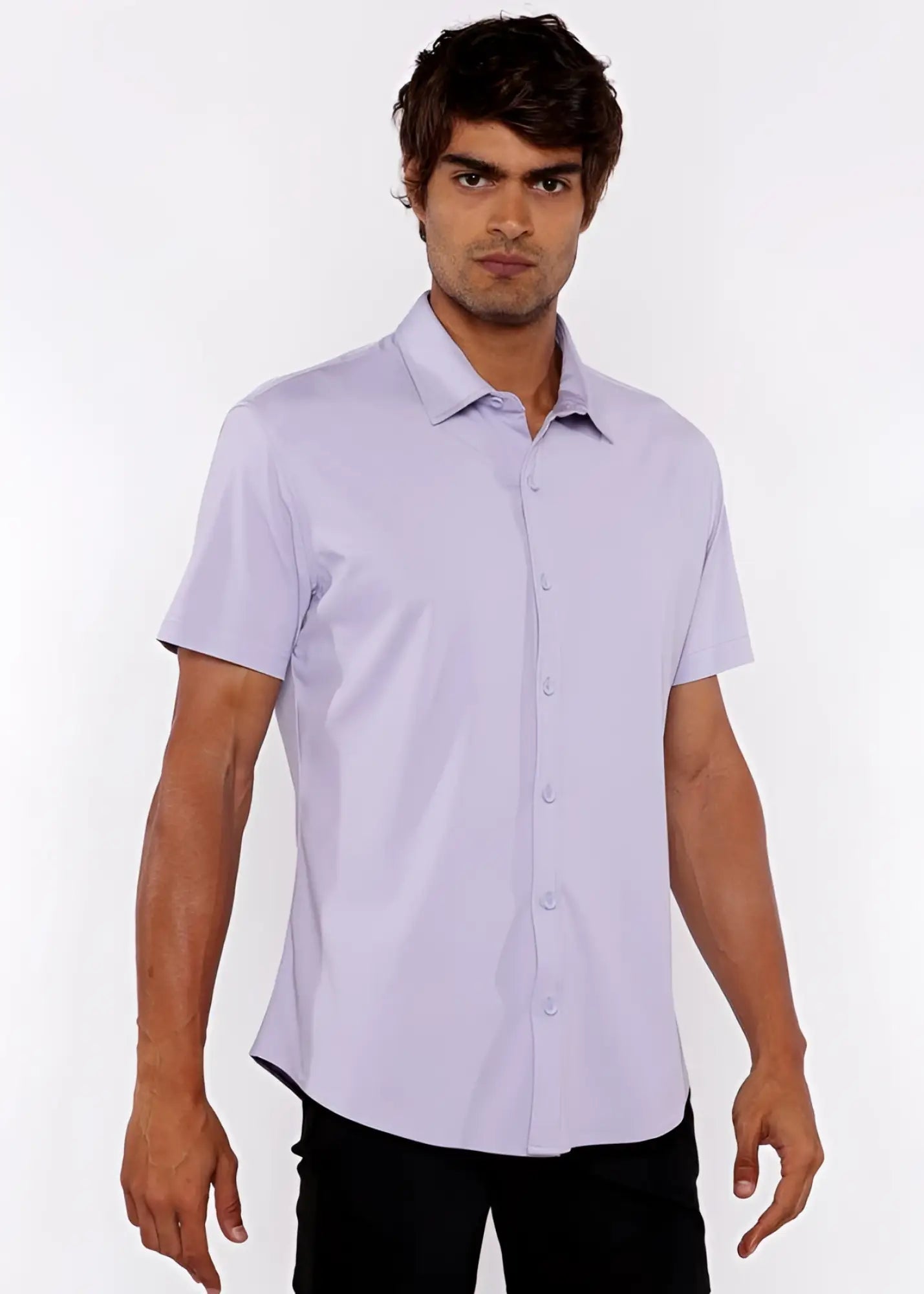 A light lavender stretch knit shirt with short sleeves a classic collar and a tailored fit