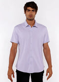 A light lavender stretch knit short-sleeved shirt with classic collar and button-up front for comfortable wear