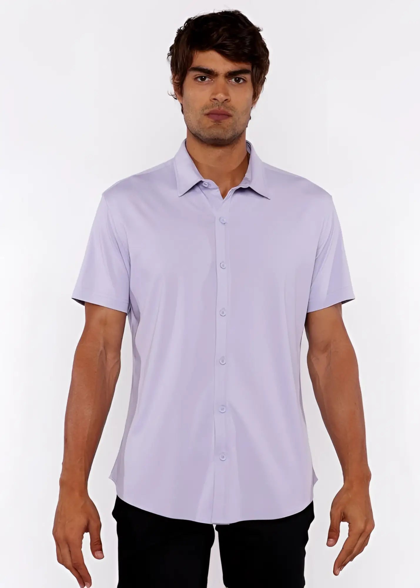 A light lavender stretch knit short-sleeved shirt with classic collar and button-up front for comfortable wear