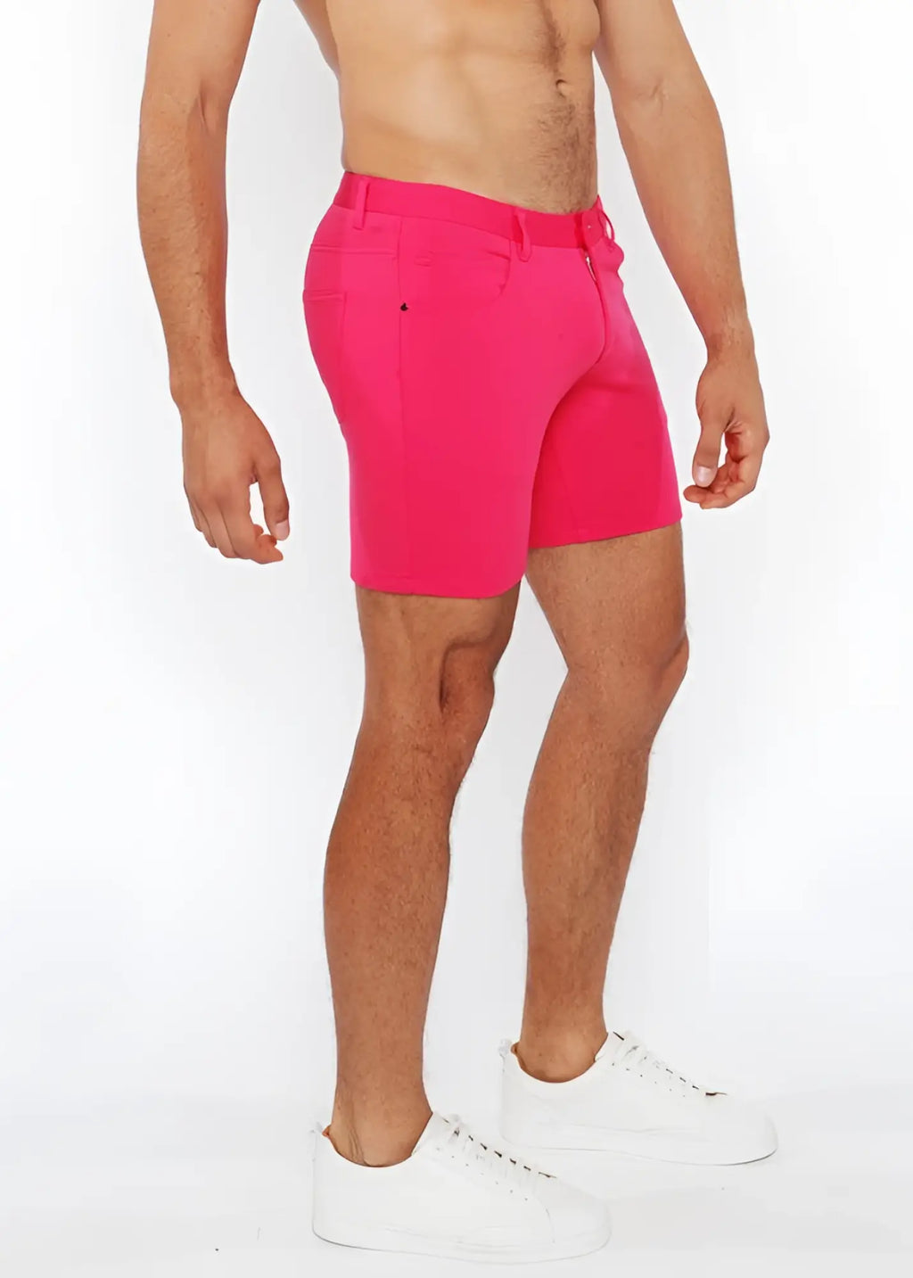 Bright pink stretch knit shorts for men with tailored fit and classic five-pocket design