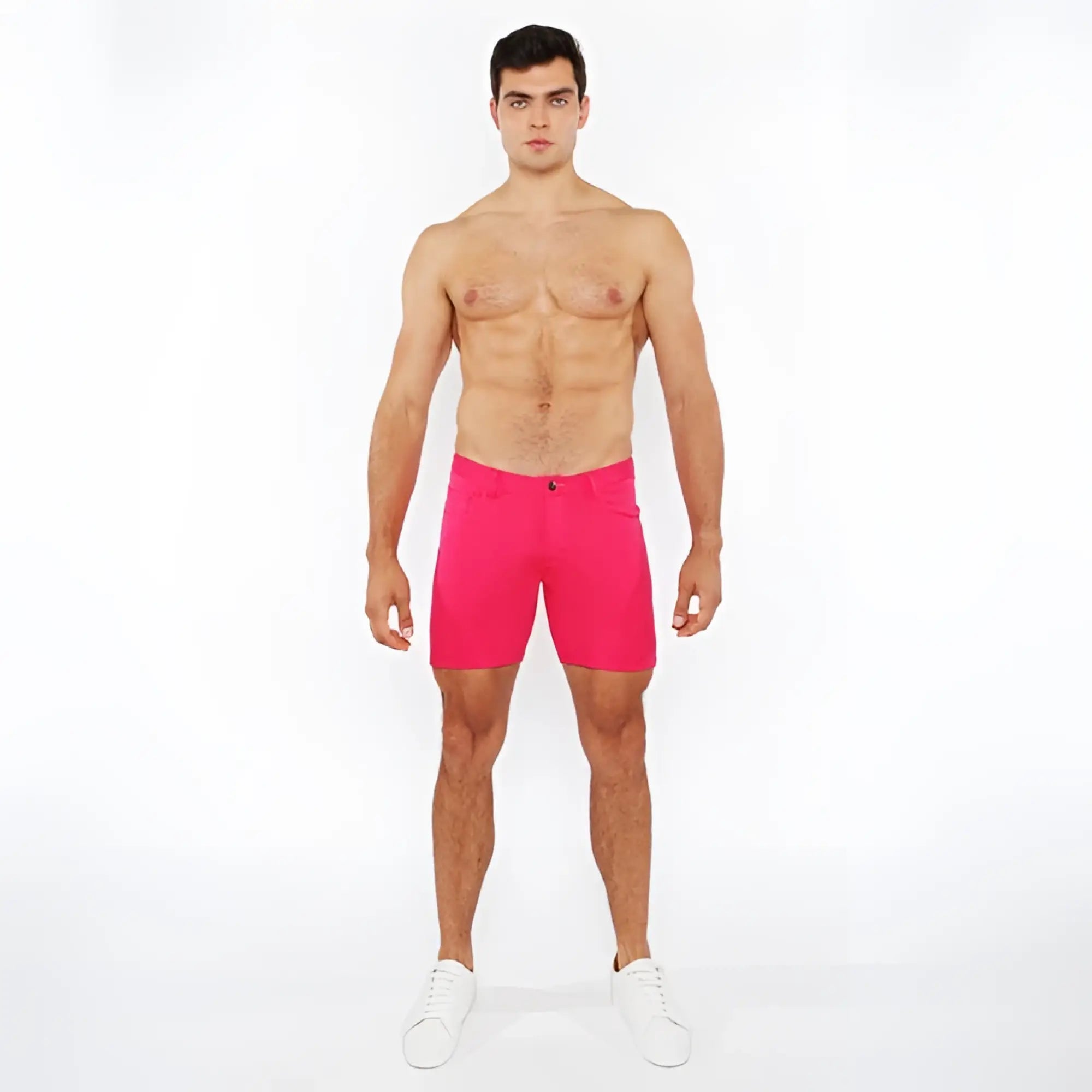 Bright pink stretch knit shorts with classic five-pocket design and button closure for casual wear