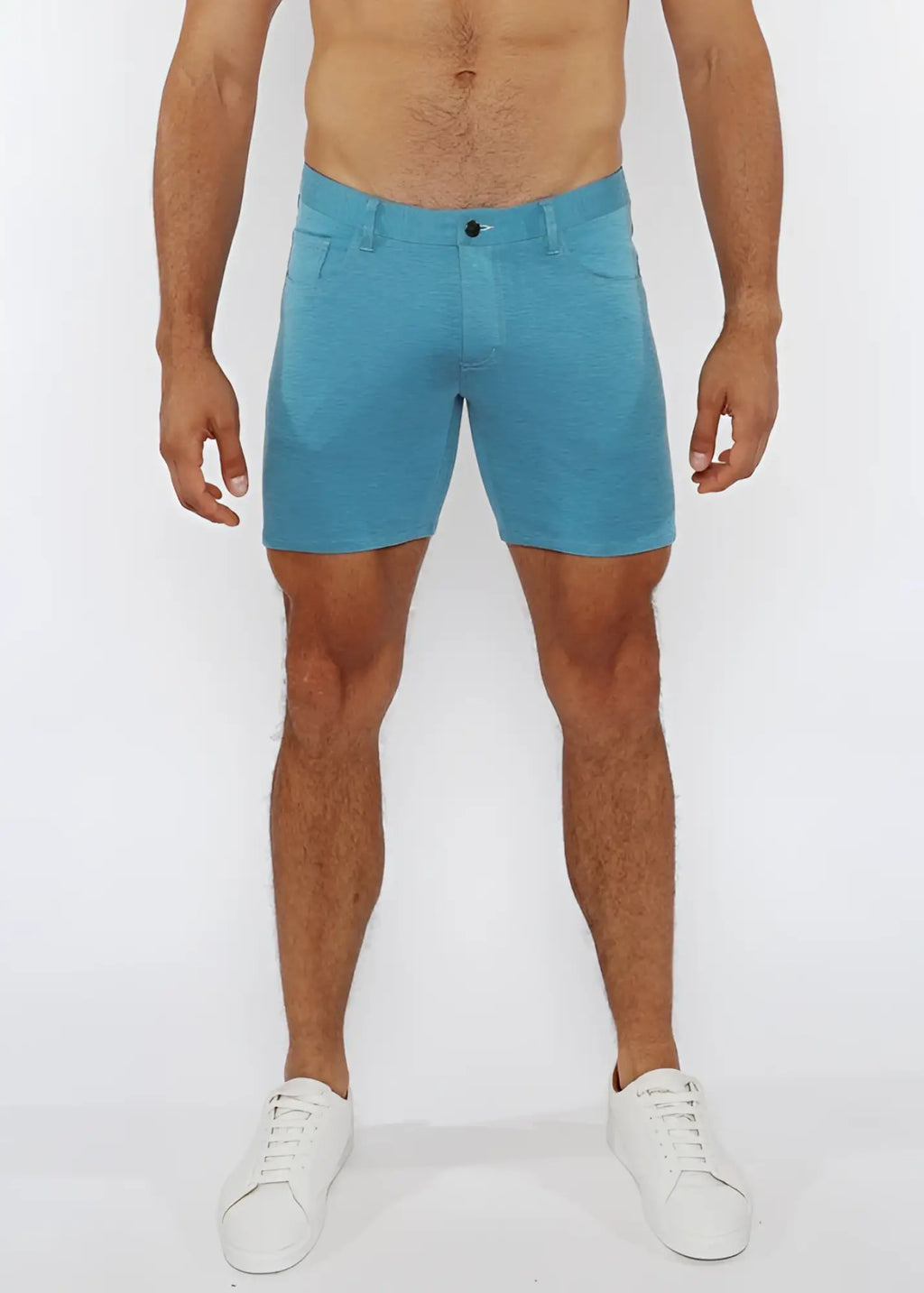 Turquoise stretch knit short slim-fit textured fabric with classic five-pocket design and black button closure