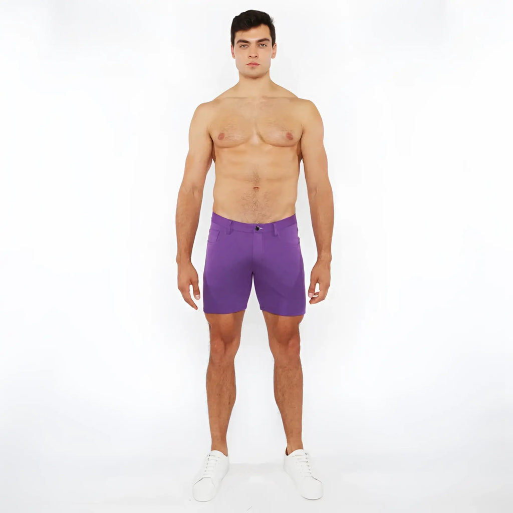 Purple stretch knit short men’s shorts made from soft stretchy fabric for comfortable activewear use