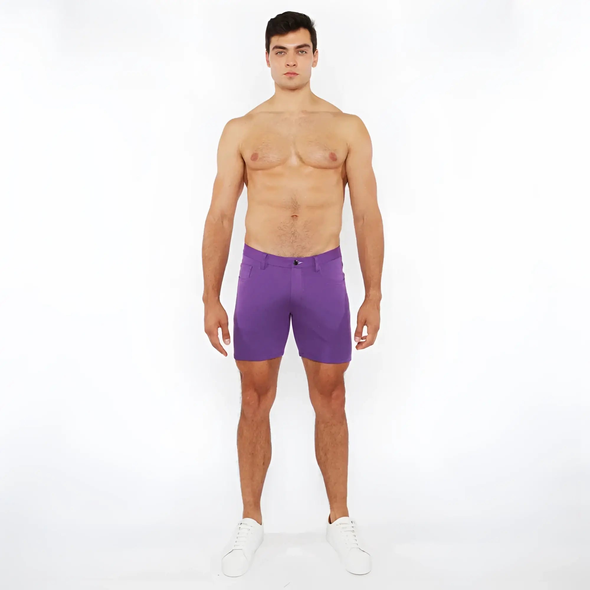 Purple stretch knit short men’s shorts made from soft stretchy fabric for comfortable activewear use