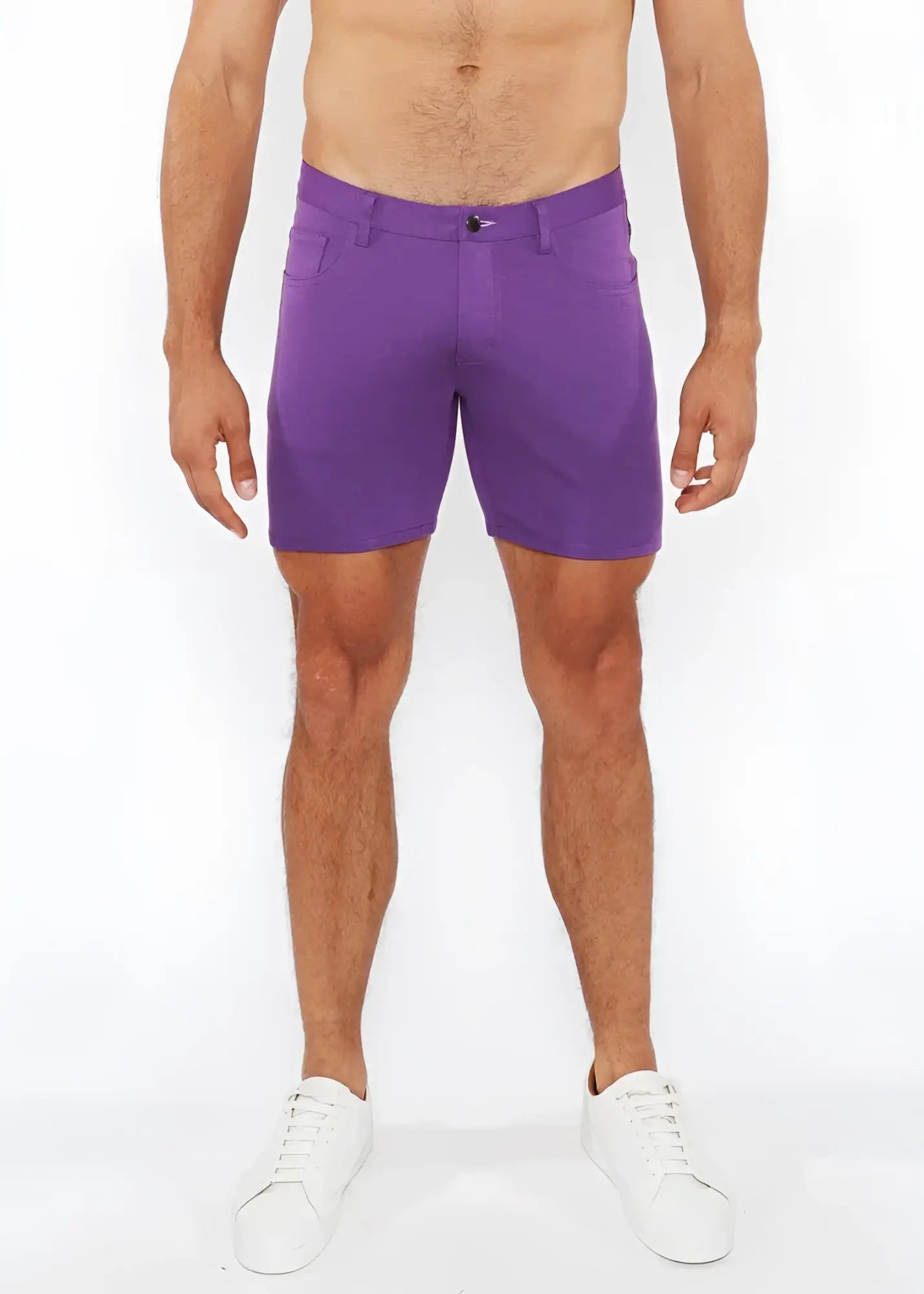 Purple men’s stretch knit shorts with a clean tailored fit and subtle stitching details