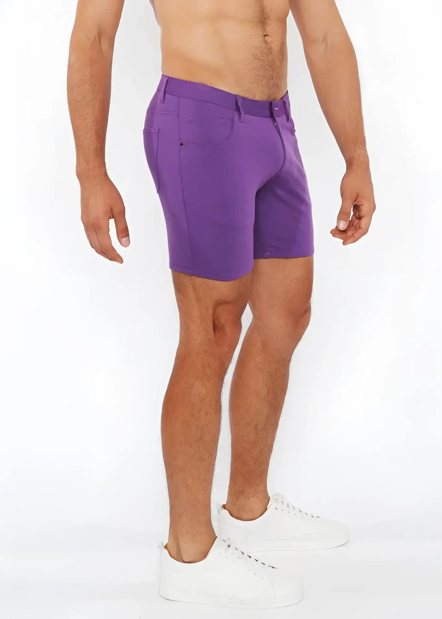 Purple stretch knit shorts for men with tailored fit and classic five-pocket design made from stretchy knit fabric