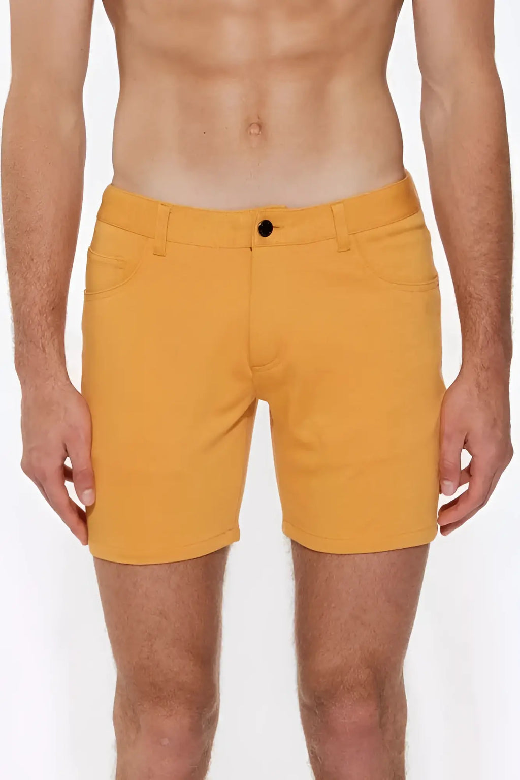Bright yellow st33le stretch knit shorts apricot peel with black button and five-pocket design size 29