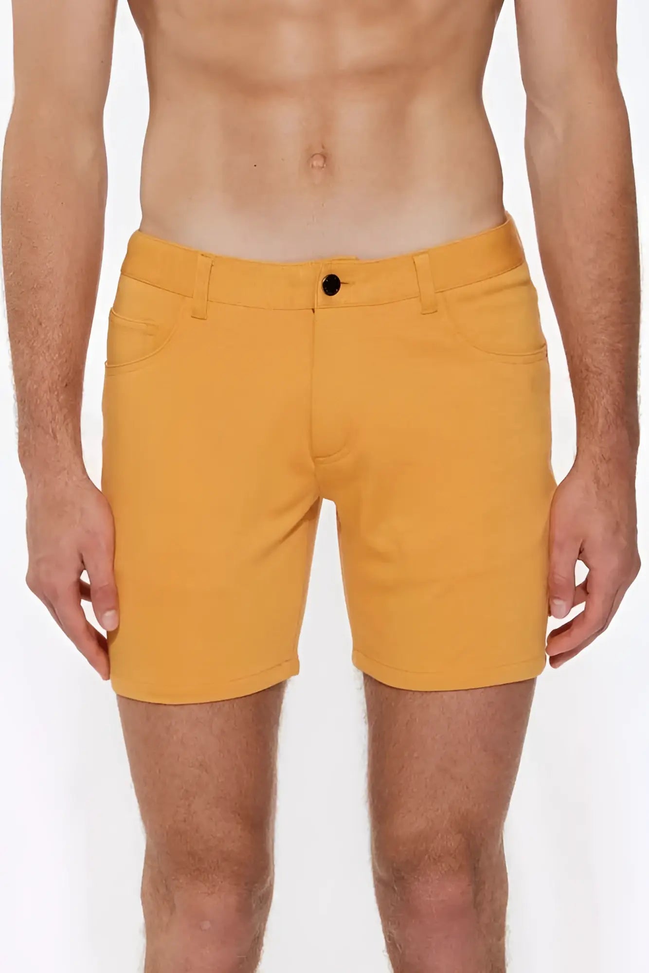 Bright yellow st33le stretch knit shorts apricot peel with black button and five-pocket design size 29