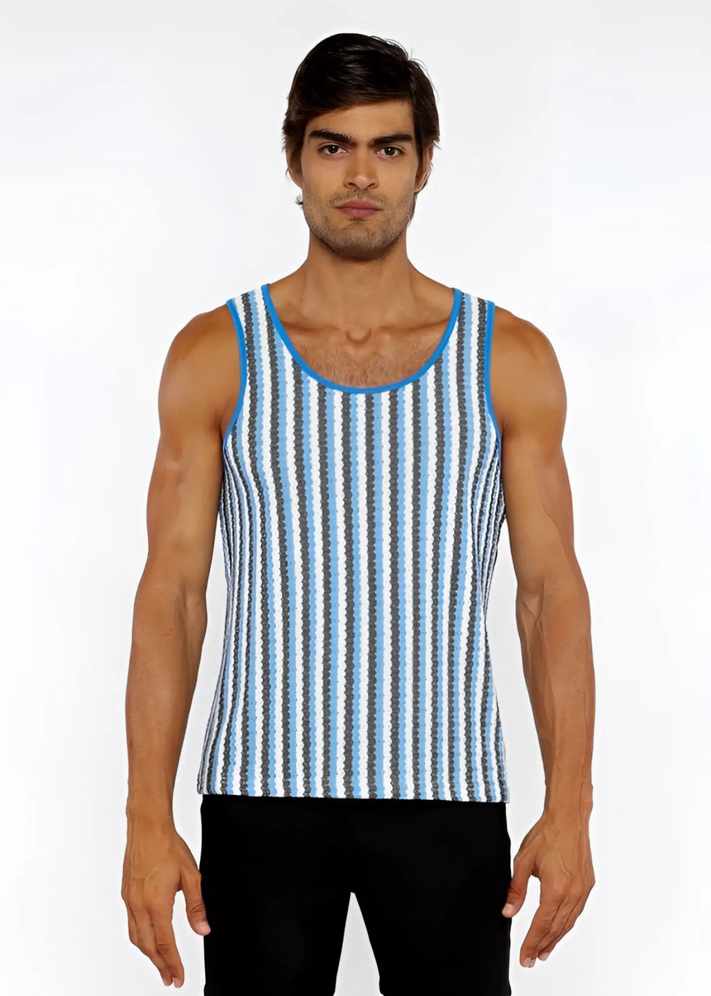 Blue and white striped open knit tank top with ribbed neckline made of breathable knit fabric