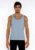 Blue and white striped open knit tank top with ribbed neckline made of breathable knit fabric
