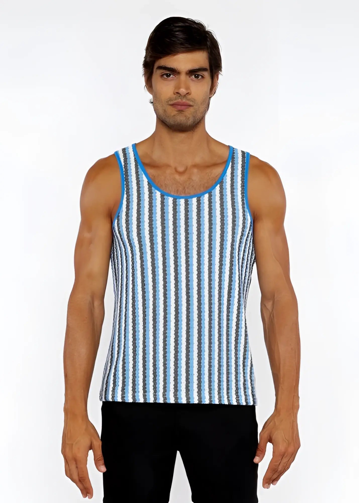 Blue and white striped open knit tank top with ribbed neckline made of breathable knit fabric
