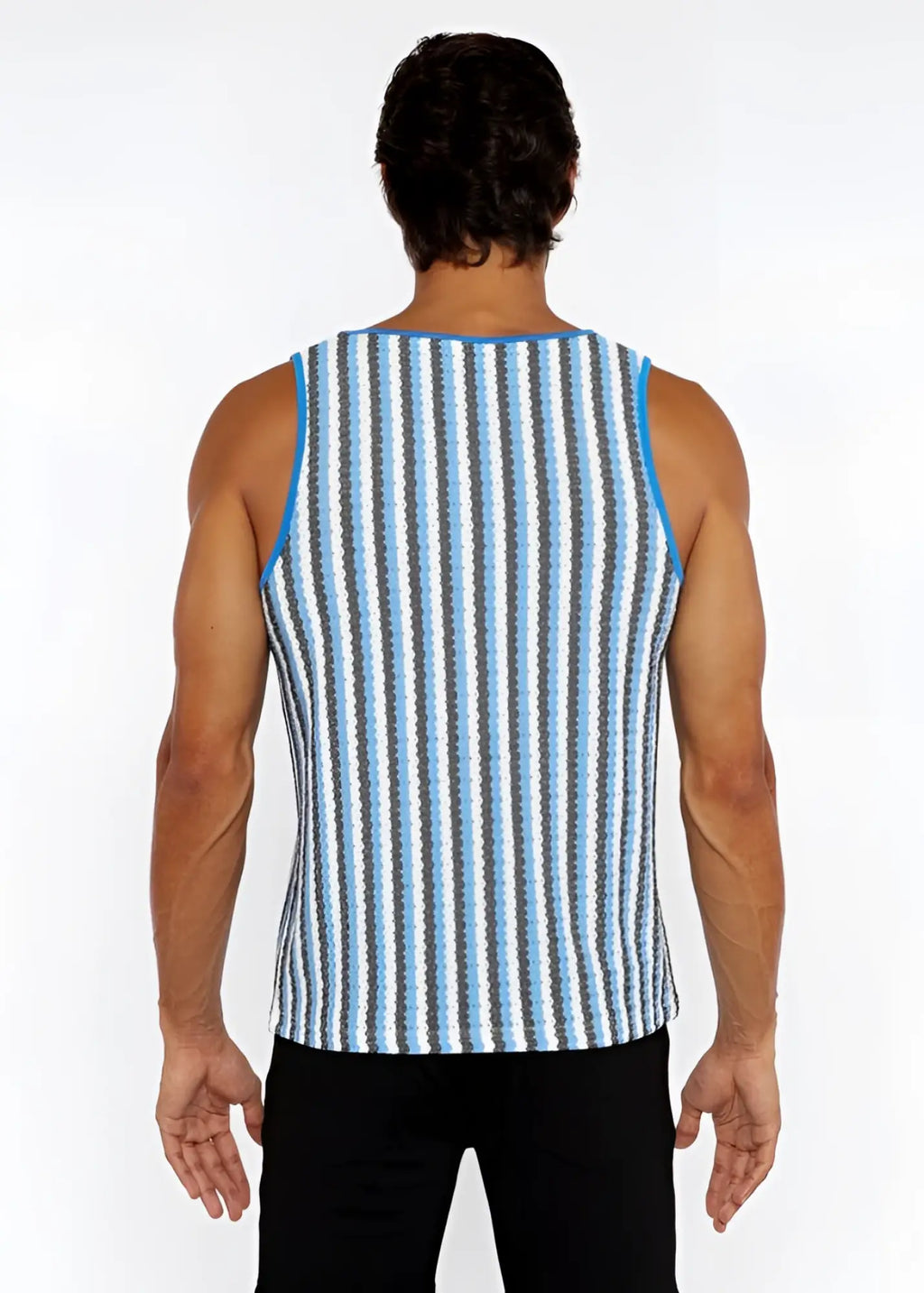 A men’s sleeveless stripes open knit tank top with light blue dark gray and white vertical stripes and bright blue trim