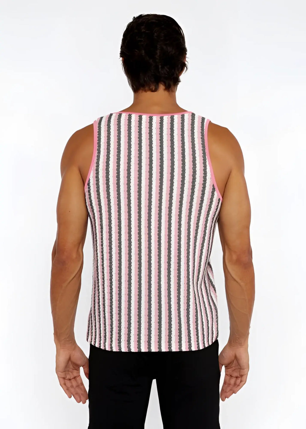 Pink and gray striped ribbed knit tank top with open knit detail called stripes open knit tank