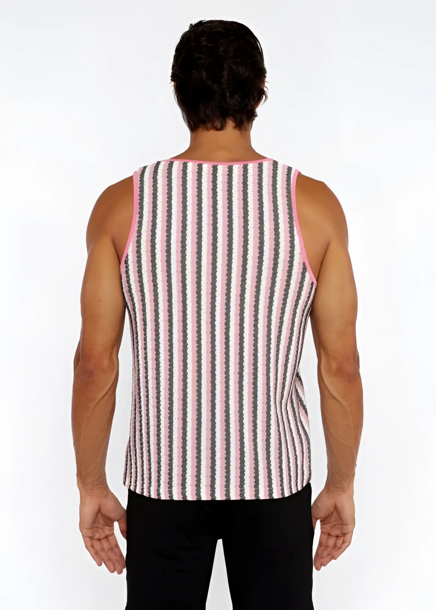 Pink and gray striped ribbed knit tank top with open knit detail called stripes open knit tank