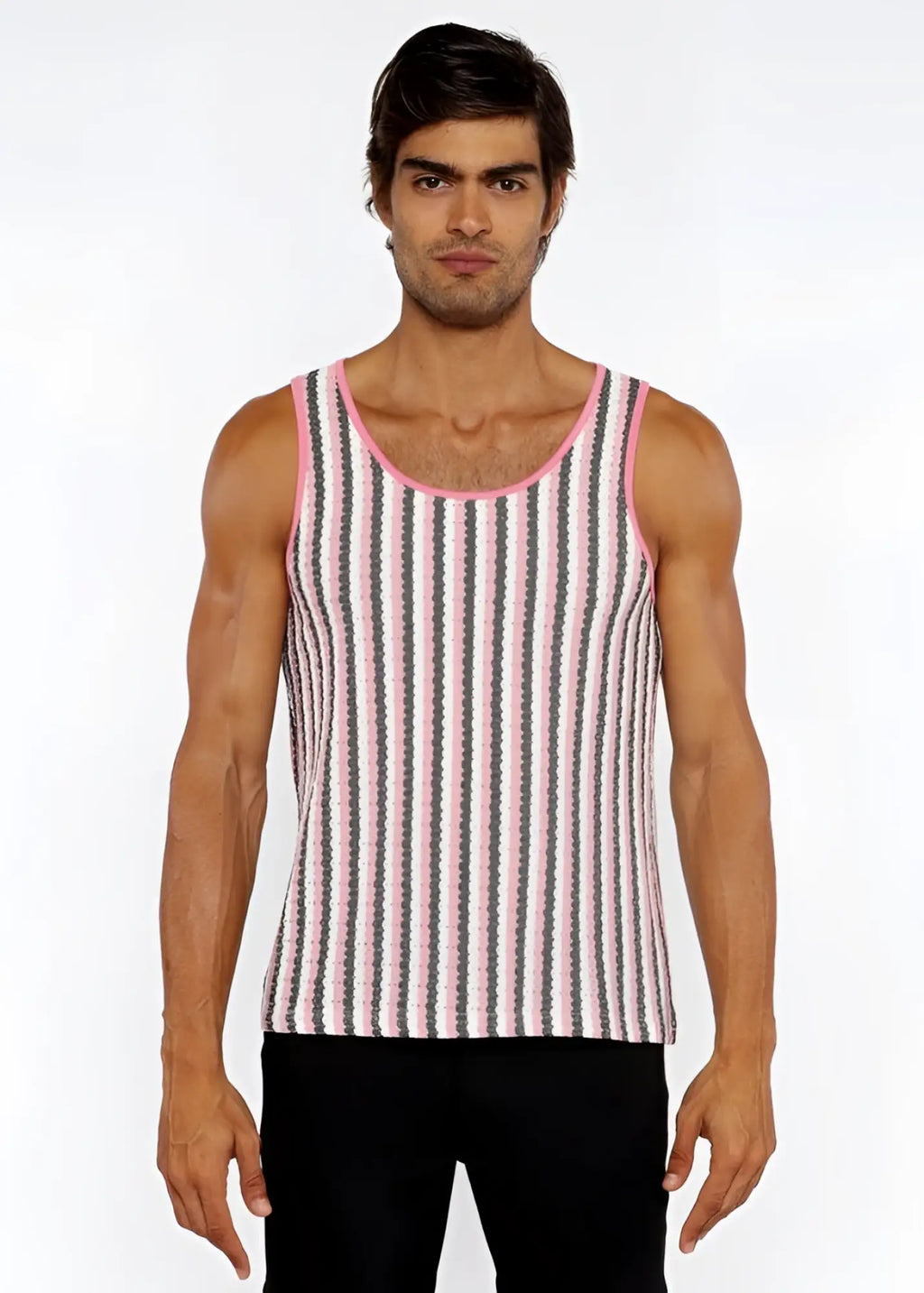 A man wearing a pink and gray striped open knit tank with matching pink trim around the neckline
