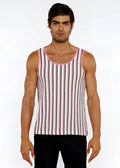 A man wearing a pink and gray striped open knit tank with matching pink trim around the neckline