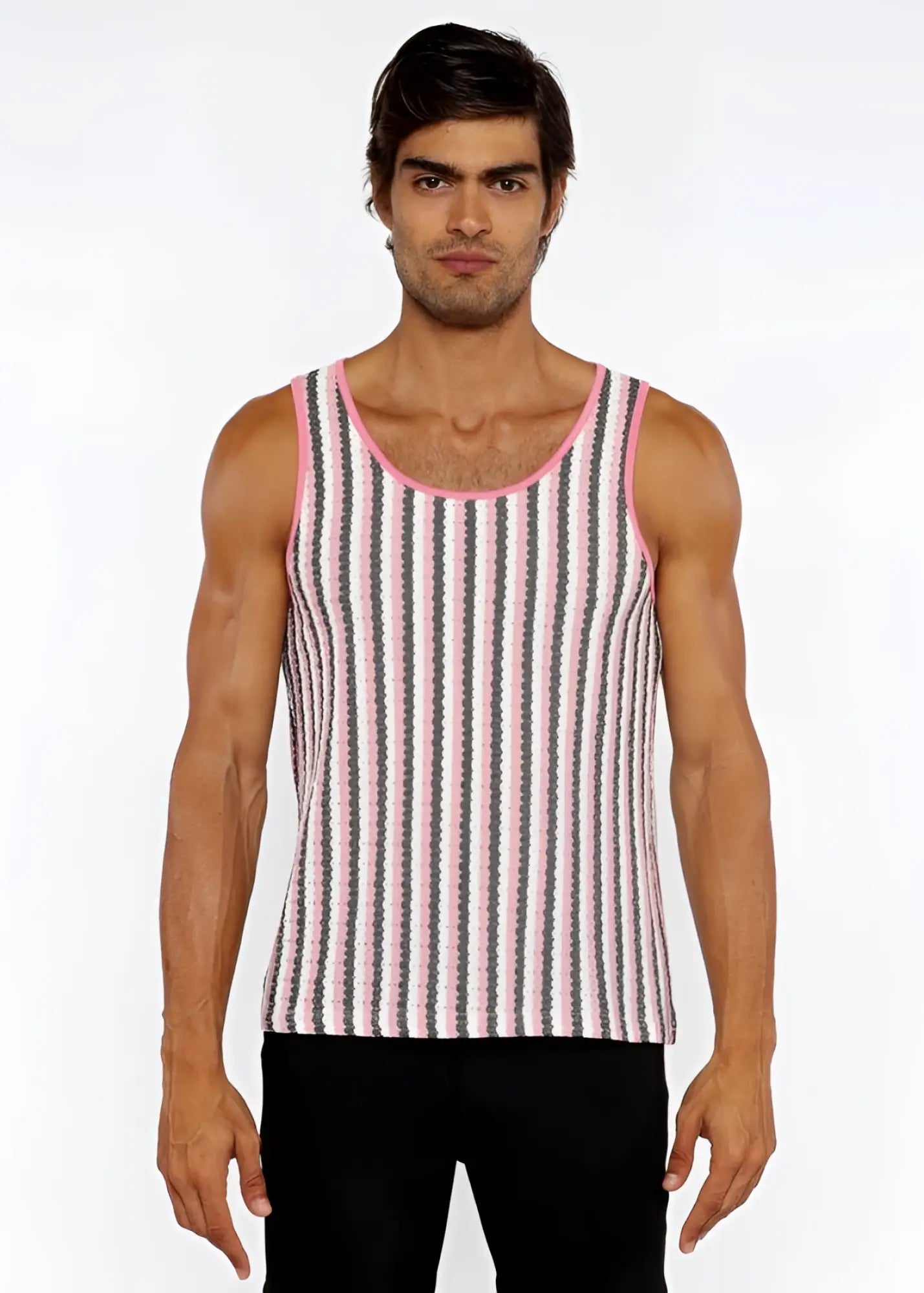 A man wearing a pink and gray striped open knit tank with matching pink trim around the neckline