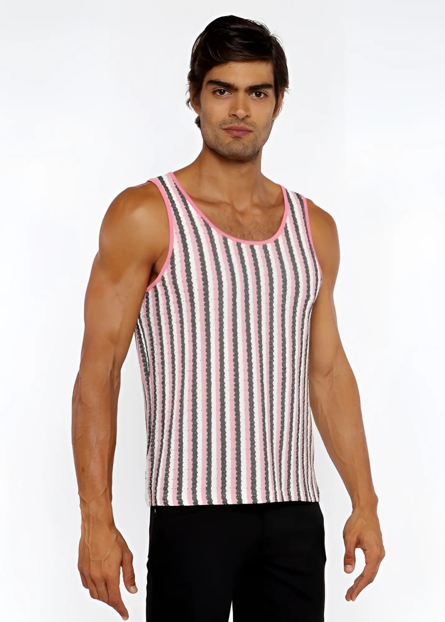 A man wearing a pink and gray striped open knit tank top with rounded neckline made of lightweight knit fabric