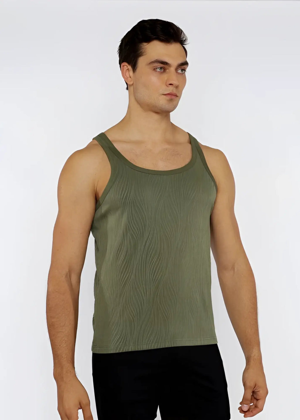 Olive green textured knit tank top with ribbed fabric and subtle wavy texture for casual wear