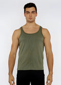 Olive green textured knit tank top with a subtle wavy texture pattern in soft breathable fabric
