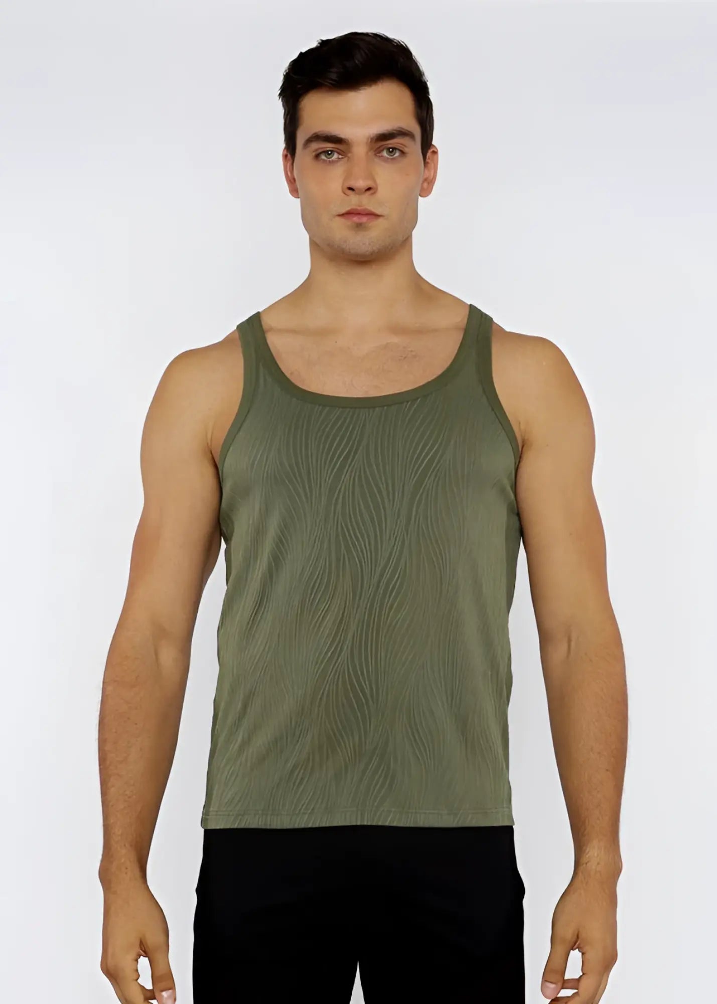 Olive green textured knit tank top with a subtle wavy texture pattern in soft breathable fabric