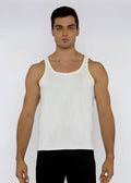 White ribbed cotton textured knit tank top with classic scoop neckline and thin shoulder straps