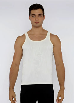 White ribbed cotton textured knit tank top with classic scoop neckline and thin shoulder straps