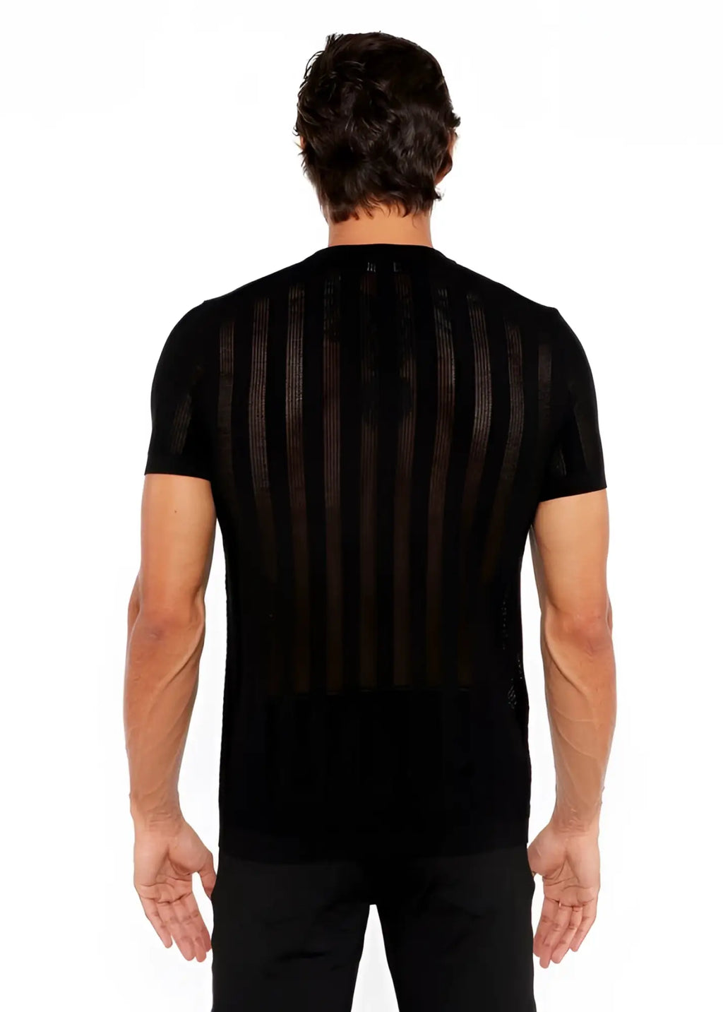 Black textured open knit crew tee with vertical ribbed texture and short sleeves made of lightweight knit material