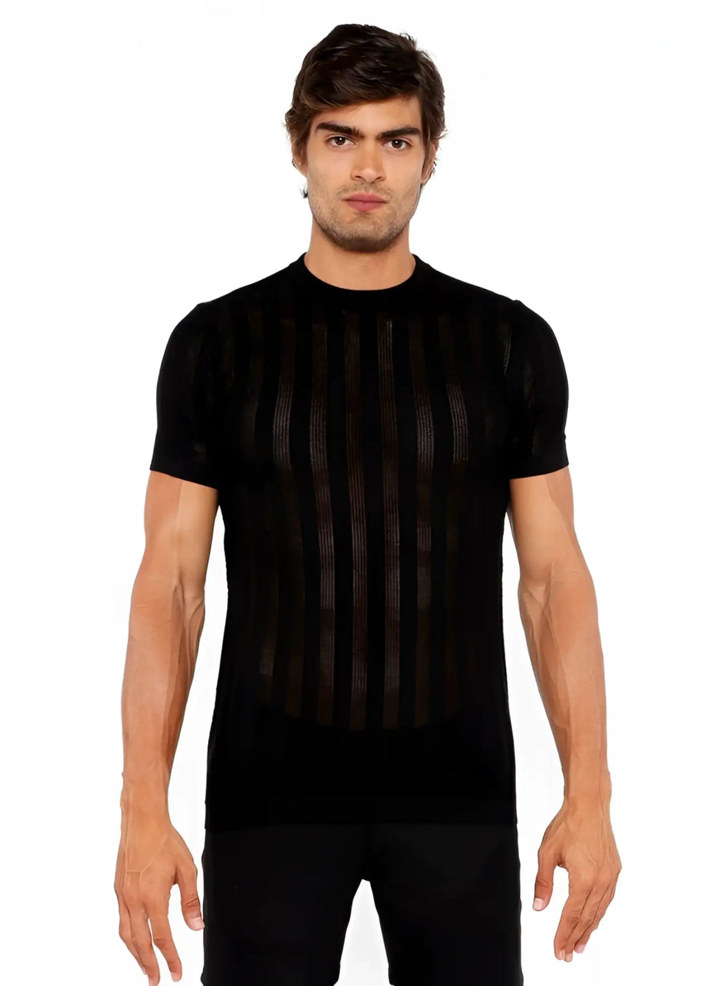 Black short-sleeved textured open knit crew tee with vertical ribbed front detail made from soft knit material