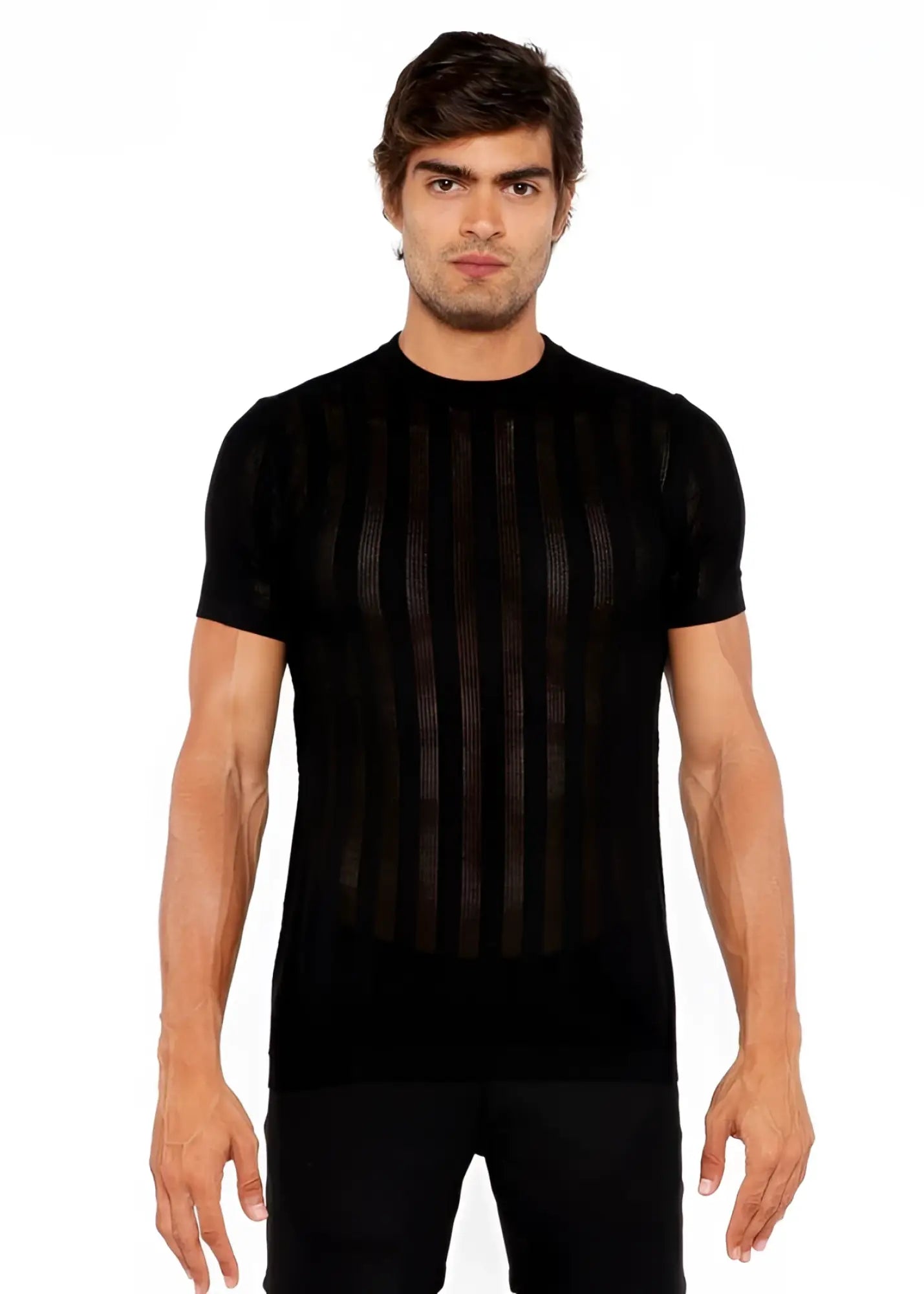 Black short-sleeved textured open knit crew tee with vertical ribbed front detail made from soft knit material