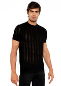 Black short-sleeved textured open knit crew tee with vertical ribbed knit detail across the chest