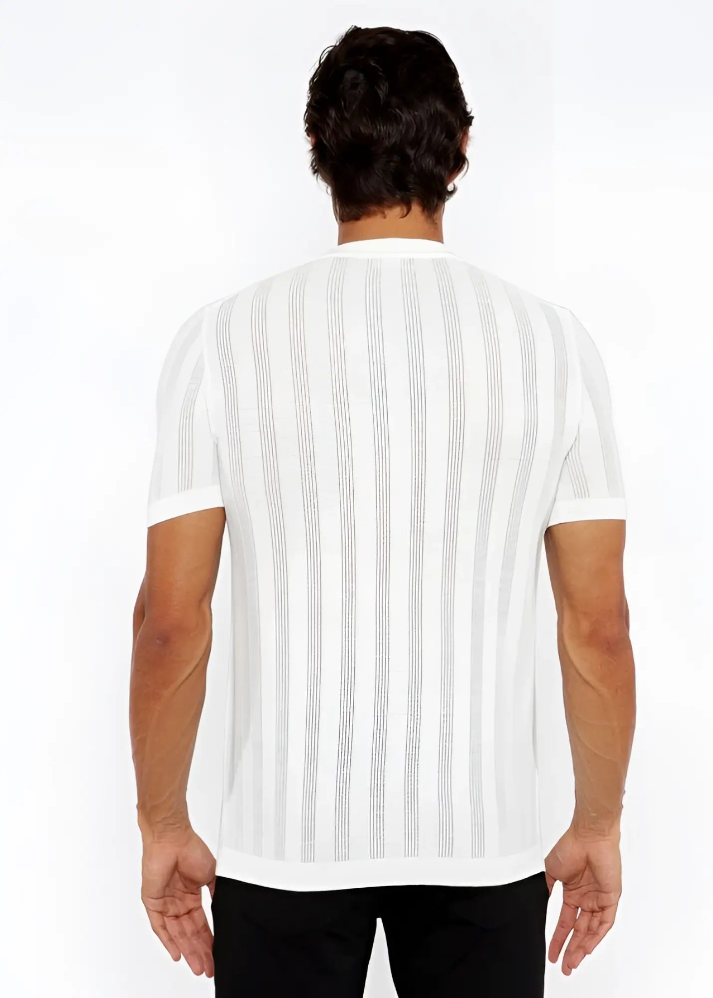 White short-sleeved open knit crew tee with subtle gray vertical stripes in textured knit fabric