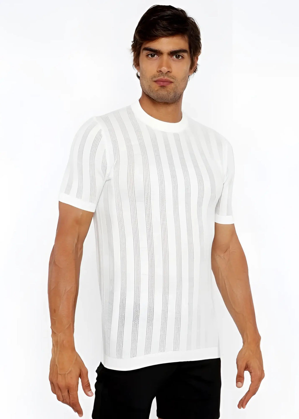 White textured open knit crew tee with subtle vertical gray stripes and short sleeves in lightweight fabric