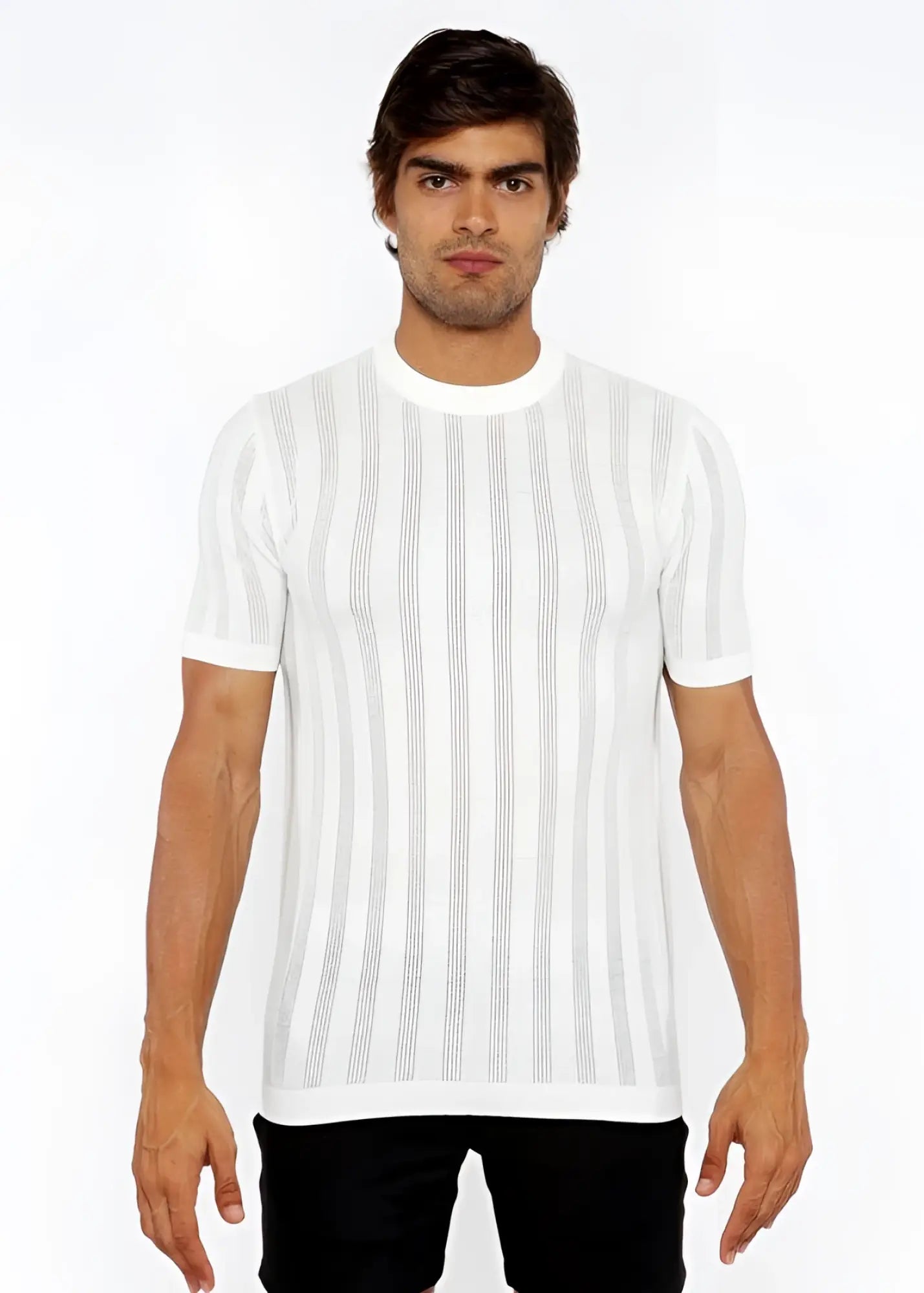White short-sleeved textured open knit crew tee with subtle vertical ribbed stripes made from breathable fabric