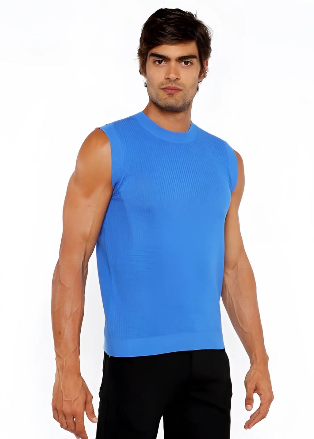 Bright blue ribbed knit sleeveless textured open knit vest ideal for layering and casual wear