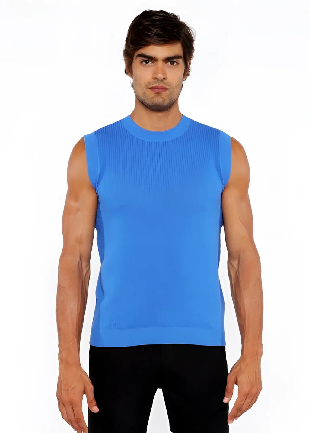 Bright blue ribbed knit sleeveless textured open knit vest ideal for layered styling