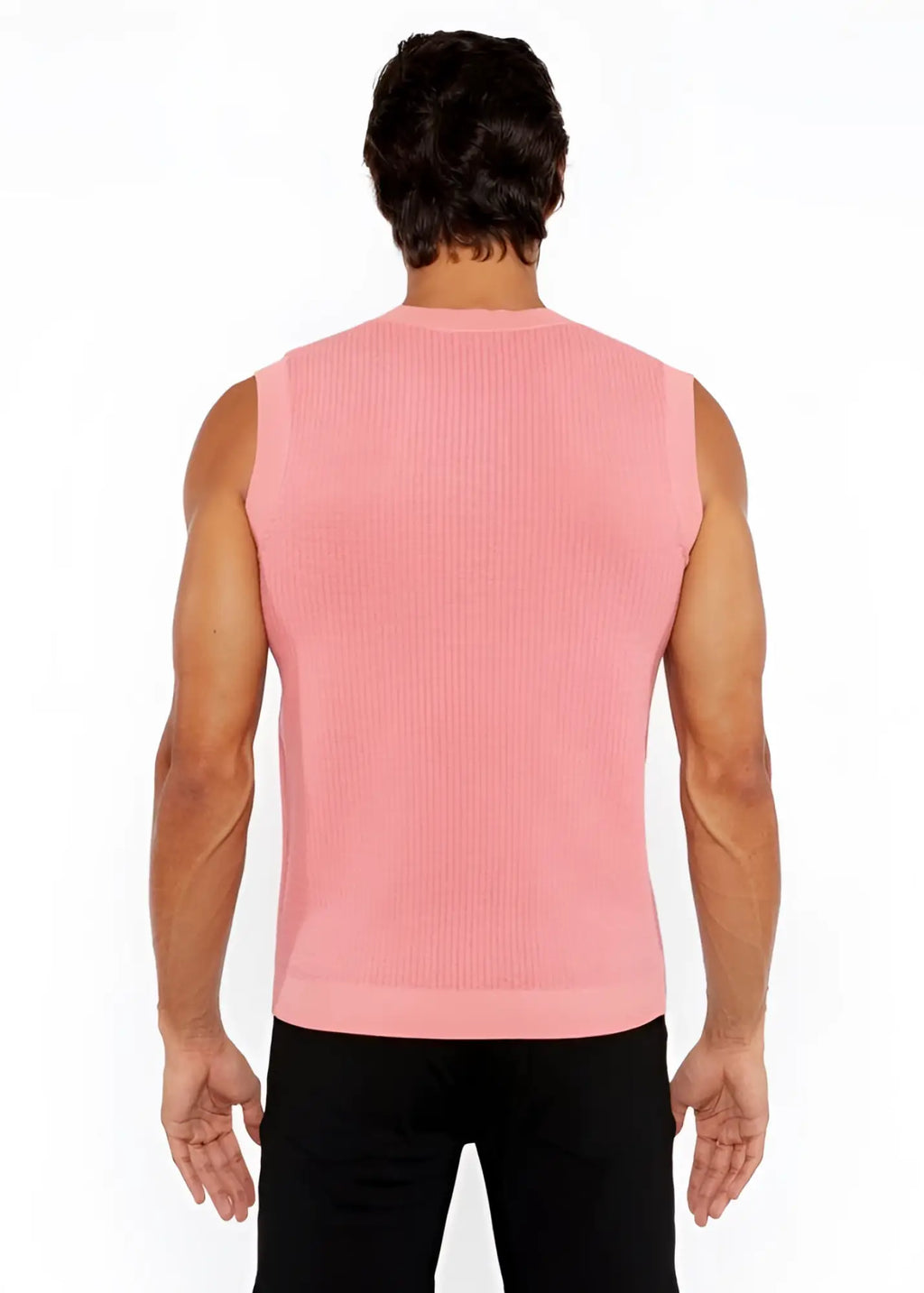Pink ribbed knit sleeveless textured open knit vest with crew neckline for stylish layering