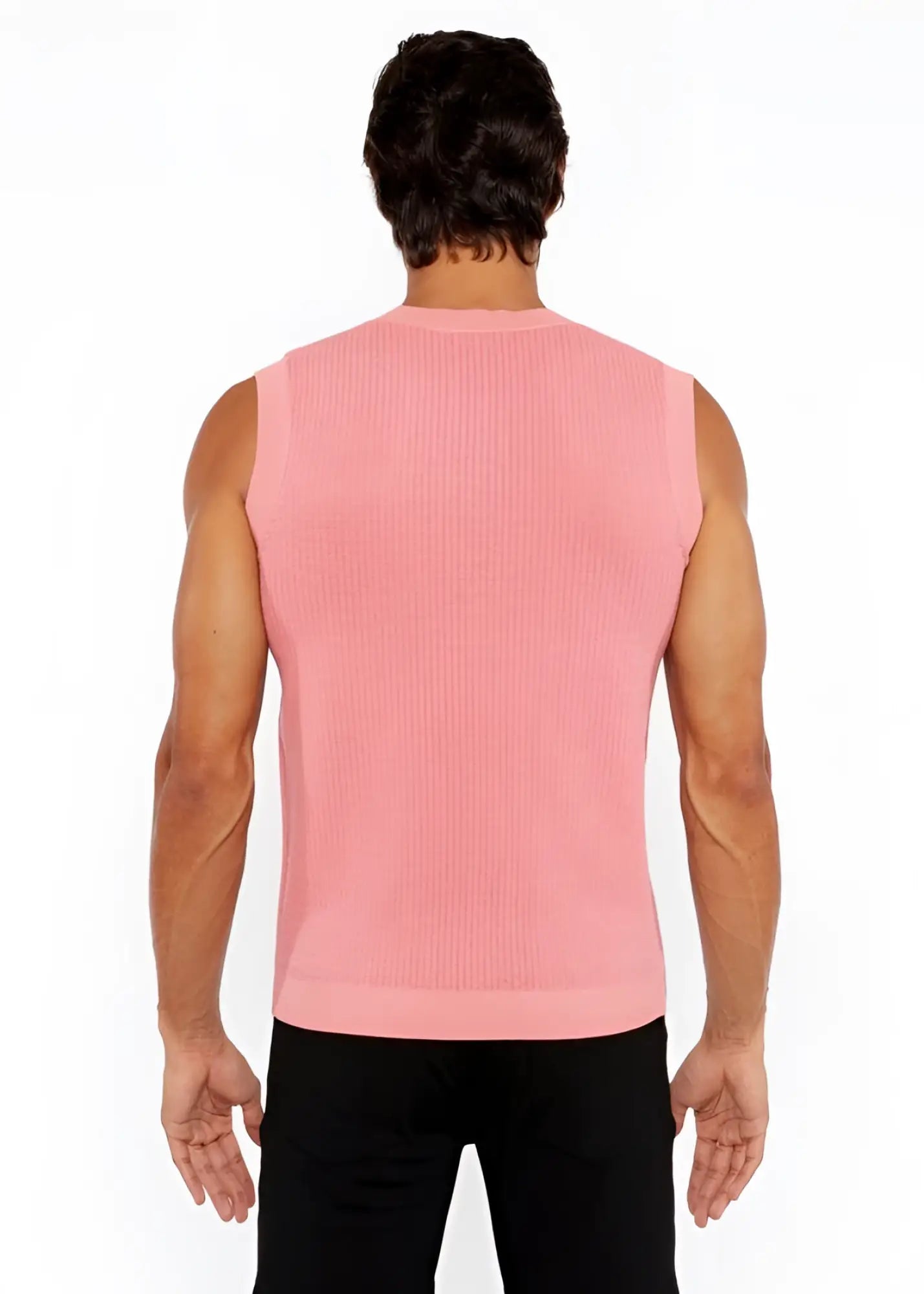 Pink ribbed knit sleeveless textured open knit vest with crew neckline for stylish layering