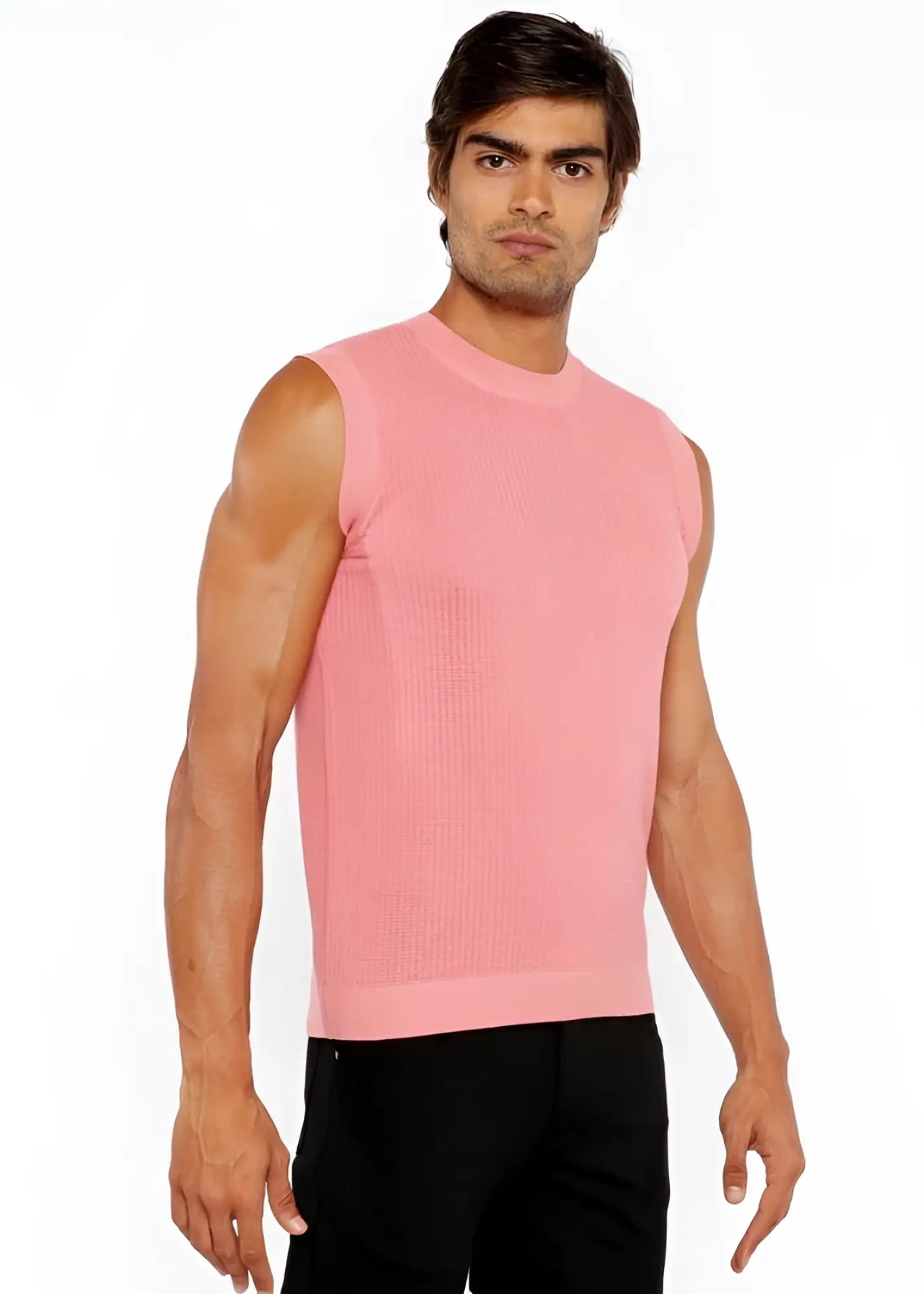 A pink ribbed-knit sleeveless vest with a crew neckline featuring textured open knit design