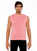 A pink ribbed knit sleeveless textured open knit vest with a round neckline and neatly finished hem